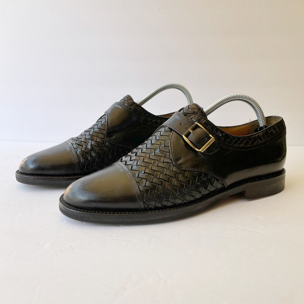 Peter Huber Black Leather Woven Leather Oxford Buckle 8 Monk Strap